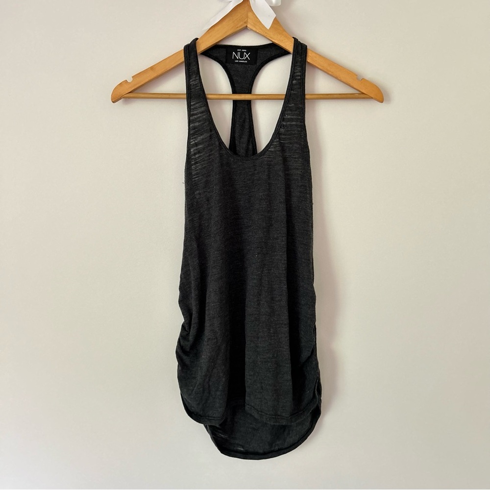 NUX Dark Gray Sheer Heather Long Cinched-Side Tank Top